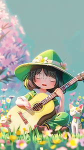 可爱背景图片_3D六一儿童节弹吉他的小女孩背景
