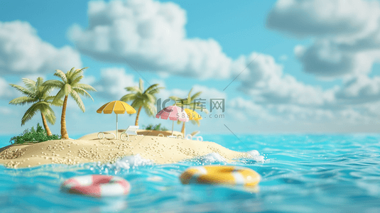 大海与船背景图片_夏日椰子树泳圈遮阳伞海岛背景