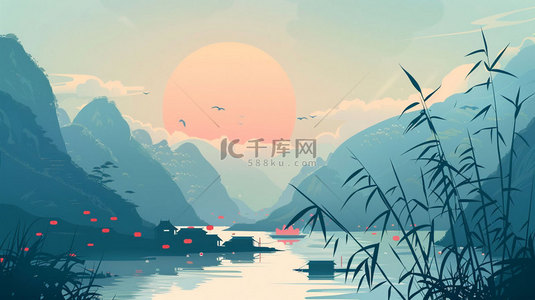 草木生发背景图片_高山流水草木合成创意素材背景