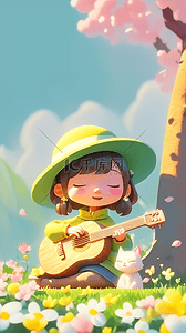可爱吉他背景图片_3D六一儿童节弹吉他的小女孩设计