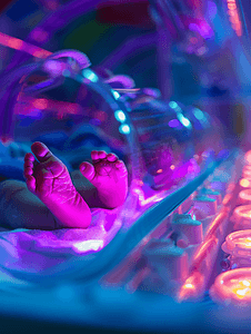健康睡眠摄影照片_保育箱紫外线灯下的早产儿脚