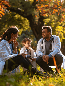快乐健康的家庭和医生在公园交谈