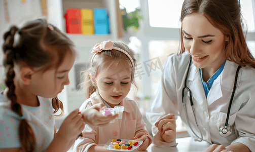 女护士陪伴儿童小女孩吃药