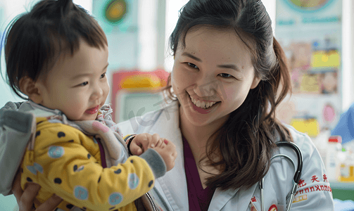 东亚沟通保健年轻妈妈带着孩子看医生