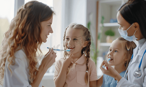 刷牙摄影照片_女医生教儿童小女孩刷牙