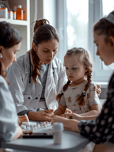 儿童保健宣传栏摄影照片_保健 儿童医疗女医生给住院的小女孩吃药水
