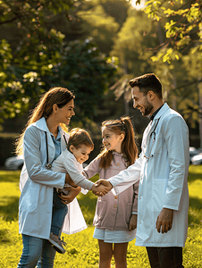 快乐健康的家庭和医生在公园握手交谈