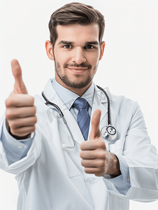 医疗保健医疗男医生与听诊器同事竖大拇指