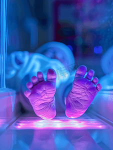 保育箱紫外线灯下的早产儿脚