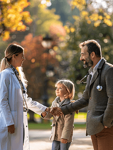 快乐健康的家庭和医生在公园握手交谈