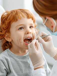 儿科牙医检查小病人的牙齿