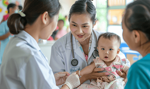 嬉戏孩子摄影照片_东亚沟通保健年轻妈妈带着孩子看医生