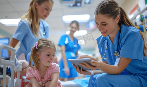 护士陪伴住院的小女孩看平板电脑