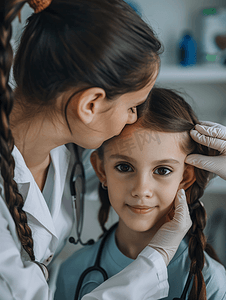 女医生检查女孩耳朵的健康状况 缝合
