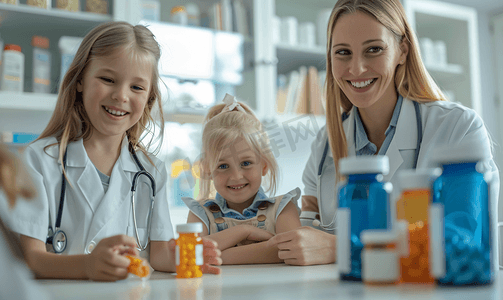 女护士陪伴儿童小女孩吃药