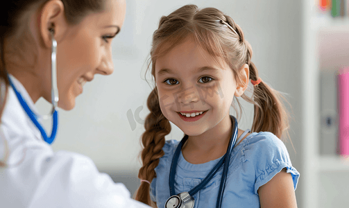 医生听诊器帮小女孩做检查