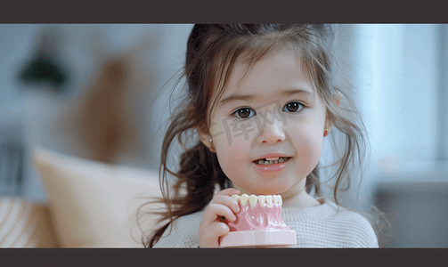 手拿牙齿模型的小女孩