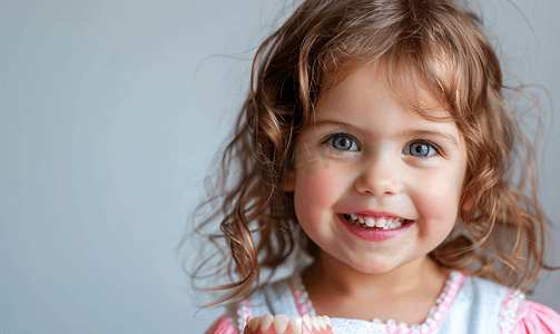 手拿牙齿模型的小女孩和牙医点赞