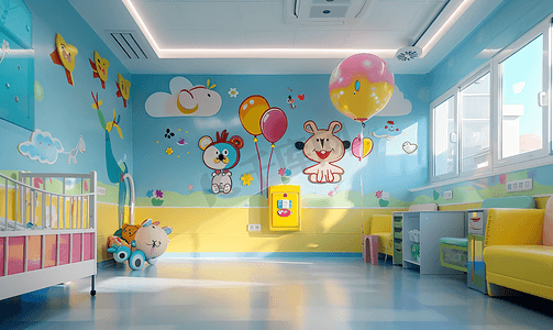 墙上是卡通人物的儿童病房