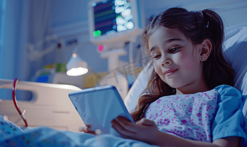 医生患者平板电脑摄影照片_护士陪伴住院的小女孩看平板电脑特写