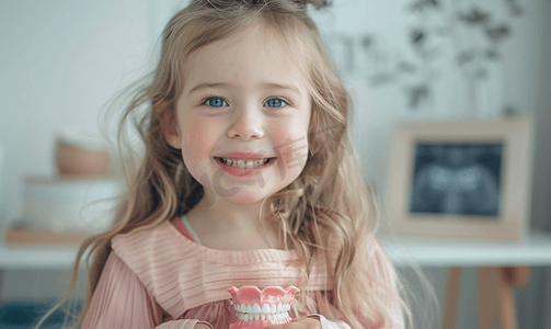 牙龈图片摄影照片_手拿牙齿模型的小女孩和牙医点赞