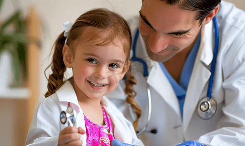 医生听诊器帮小女孩做检查