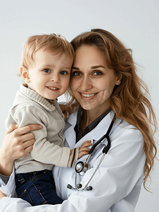 医疗健康工作人员摄影照片_健康生活方式年轻妈妈带着孩子看医生