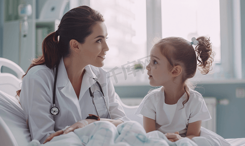 女医生和小女孩坐在病床上看病例