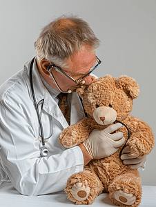 医生在听泰迪熊的心脏