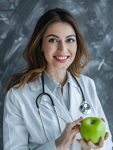 保健医学微笑的女医生听诊器绿苹果