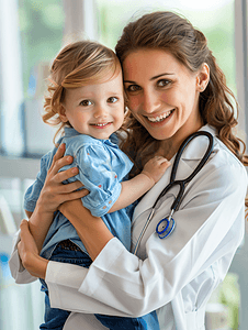 健康生活方式年轻妈妈带着孩子看医生