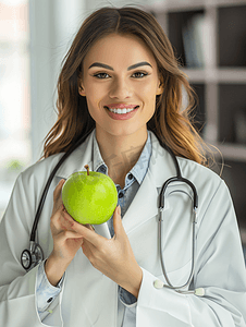 消化食物摄影照片_保健医学微笑的女医生听诊器绿苹果