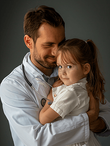 男人抱着小女孩看医生