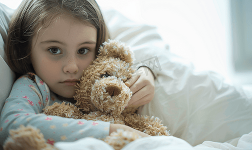 抱玩偶摄影照片_抱着玩偶熊的小女孩生病住院特写