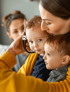 医生用耳镜检查孩子的耳朵妈用手抱着婴儿童保健和