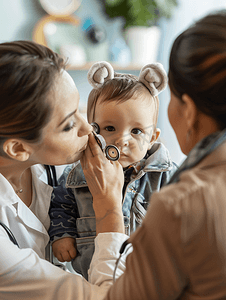 医生用耳镜检查孩子的耳朵妈用手抱着婴儿童保健和