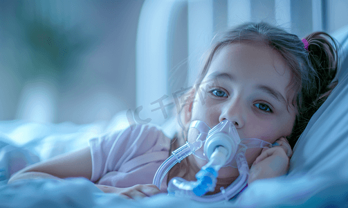糖尿并发症摄影照片_小女孩住院带呼吸仪