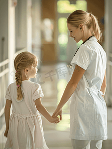 护士牵着女孩的手
