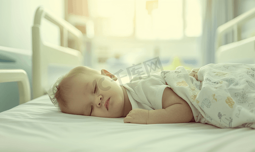 婴儿睡觉图片摄影照片_病床上睡觉的小婴儿