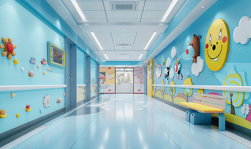 公益人物剪影摄影照片_墙上是卡通人物的儿童病房