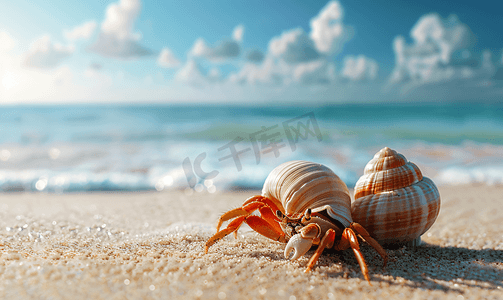 夏季旅行摄影照片_寄居蟹生活在海边的沙滩上
