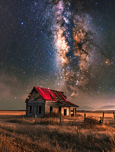 科学背景蓝色星空摄影照片_银河全景旧废弃房屋红色屋顶在露天场地