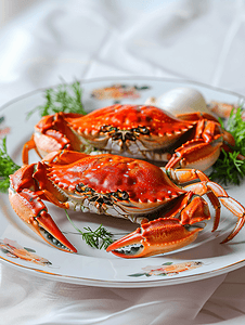 蟹菜摄影照片_蒸蓝蟹放在盘子上食物准备