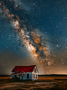 科学背景蓝色星空摄影照片_银河全景旧废弃房屋红色屋顶在露天场地