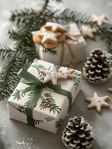 松树圣诞节摄影照片_松树礼品盒和饼干
