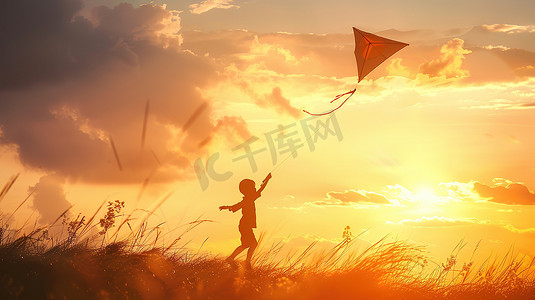 快乐的孩子放风筝摄影图