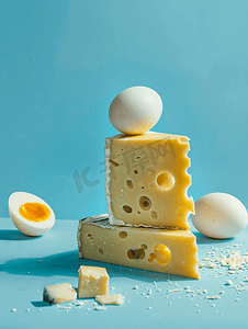 蓝色饮料摄影照片_蓝色背景中的乳制品牛奶鸡蛋和奶酪