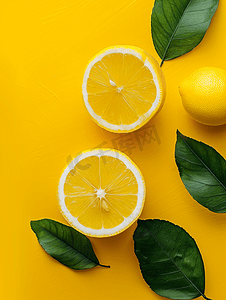 冰柠檬长大摄影照片_成熟的黄色柠檬柑橘类水果切片叶子在成熟的黄色柠檬背景上