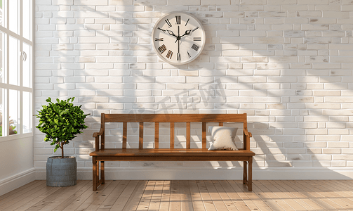 带白色窗户和布谷鸟钟的木凳挂在地板木材上的复古砖墙