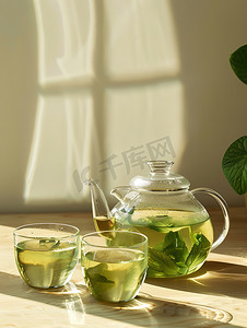 透明的玻璃茶壶和茶杯高清图片